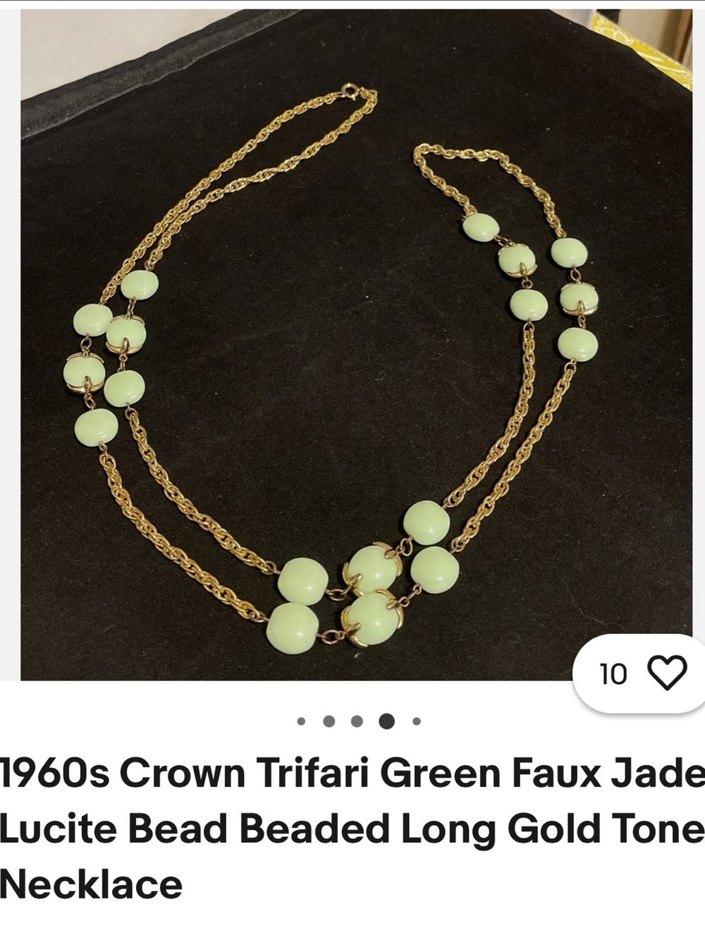 Vintage 1960’s CrownTrifari green faux jade Beaded Long Gold-Tone Chain Necklace
